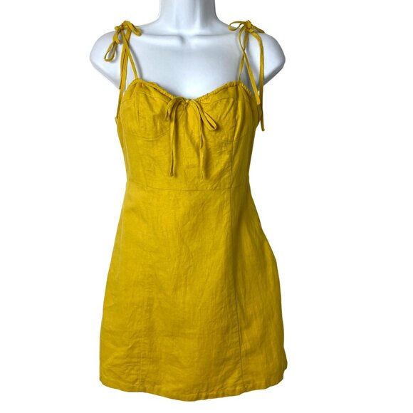 Yellow Linen Tie Front Mini Dress Small Adjustable Spaghetti Straps Bustier - Picture 1 of 9